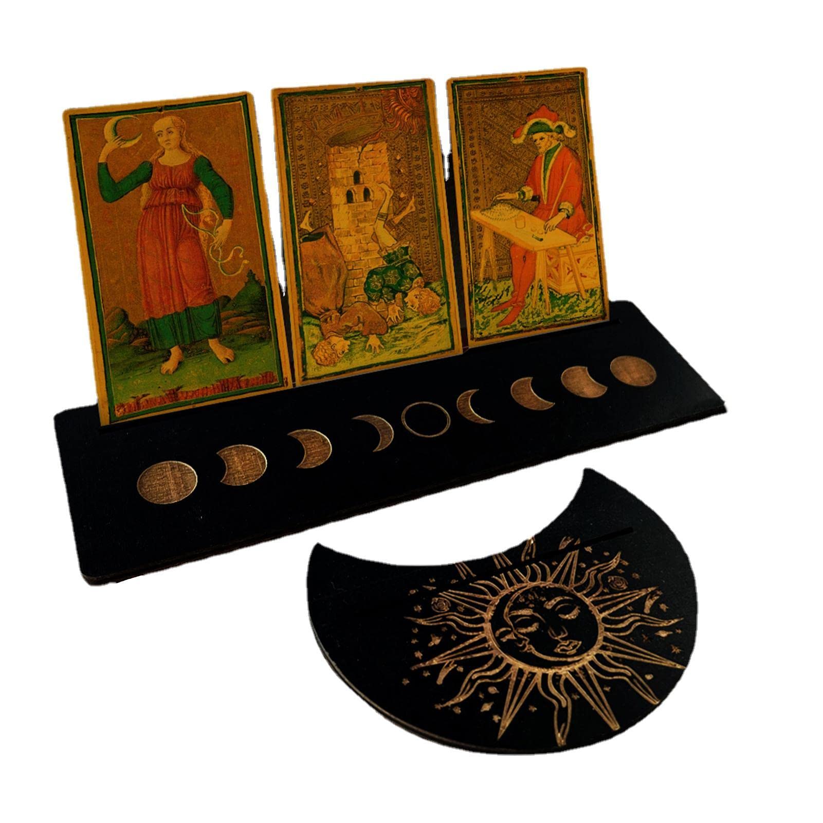 Zceplem 1 Wooden Tarot Card Stand Holder, Moon Shape Tarot Decks, Altar Decoration Rectangle Moon Shape Display Wooden Card Stand Oracle Witch Divination Tools, Black