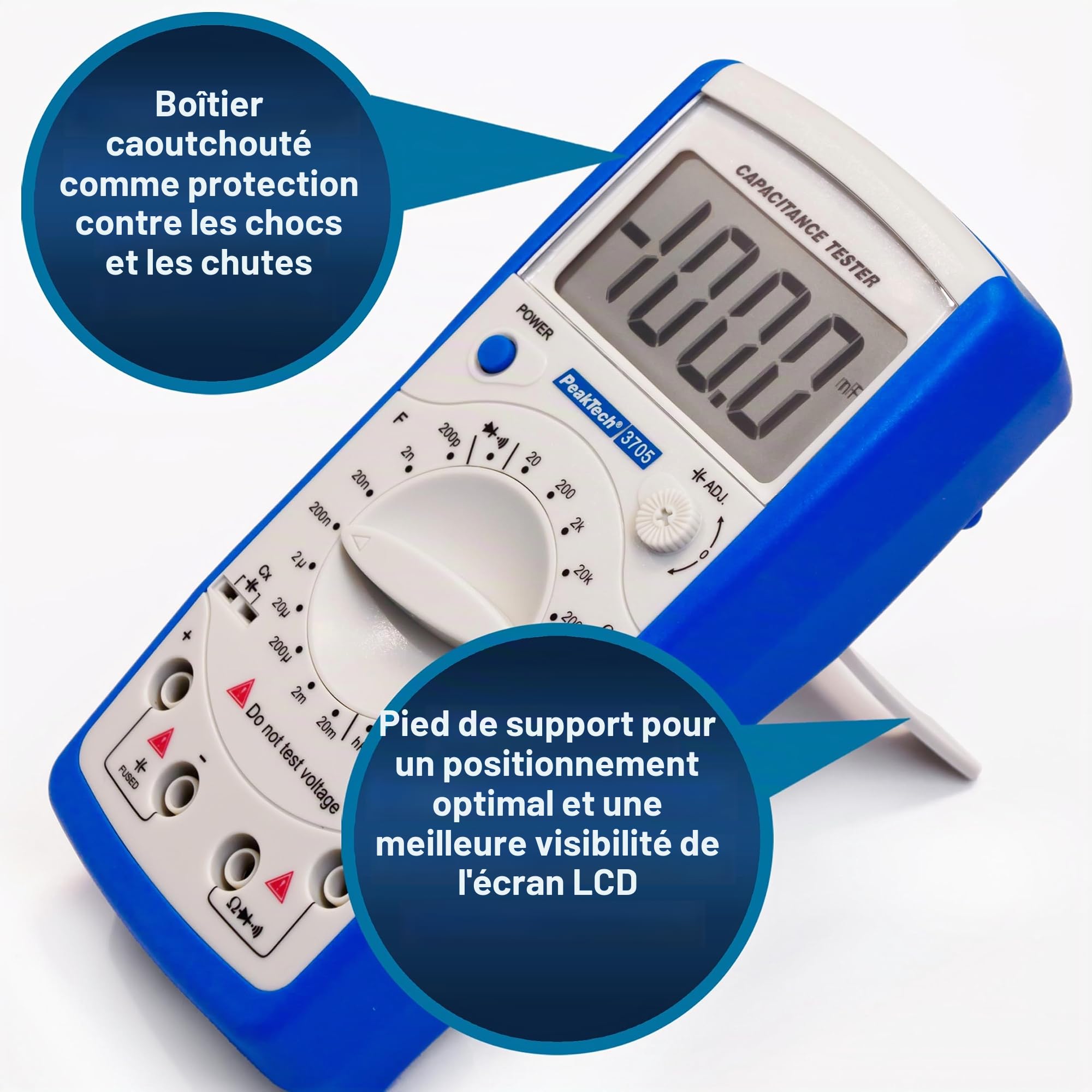 PeakTech Capacimètre numérique 20MF / Résistivimètre 2000 Mohm/Test de continuité/DIODEN Test/Transistor Test Hfe, 1 pièce, P 3705, bleu et blanc