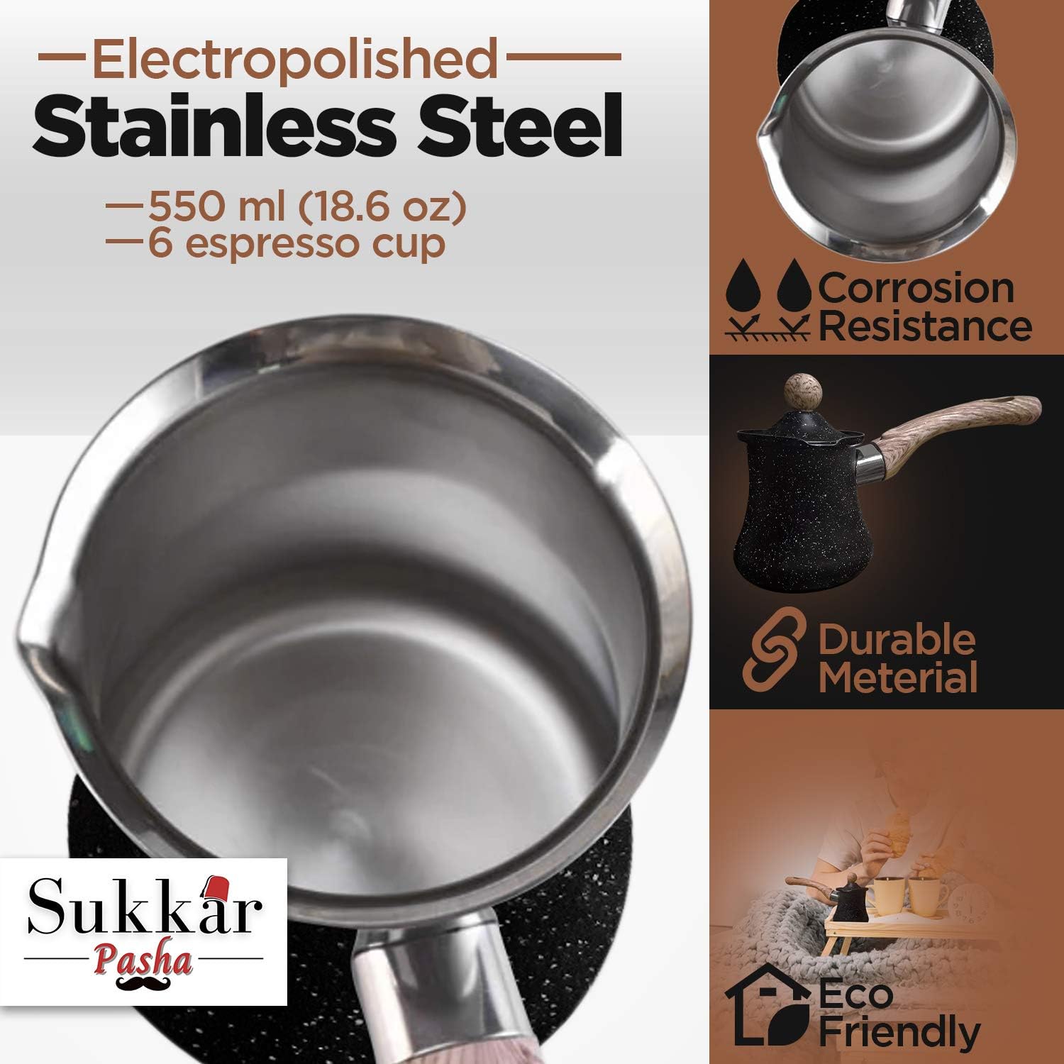 18.6 oz Turkish Ibrik Multi-purpose Arabic Coffee Pot with Lid Heavy-Duty Stainless Steel