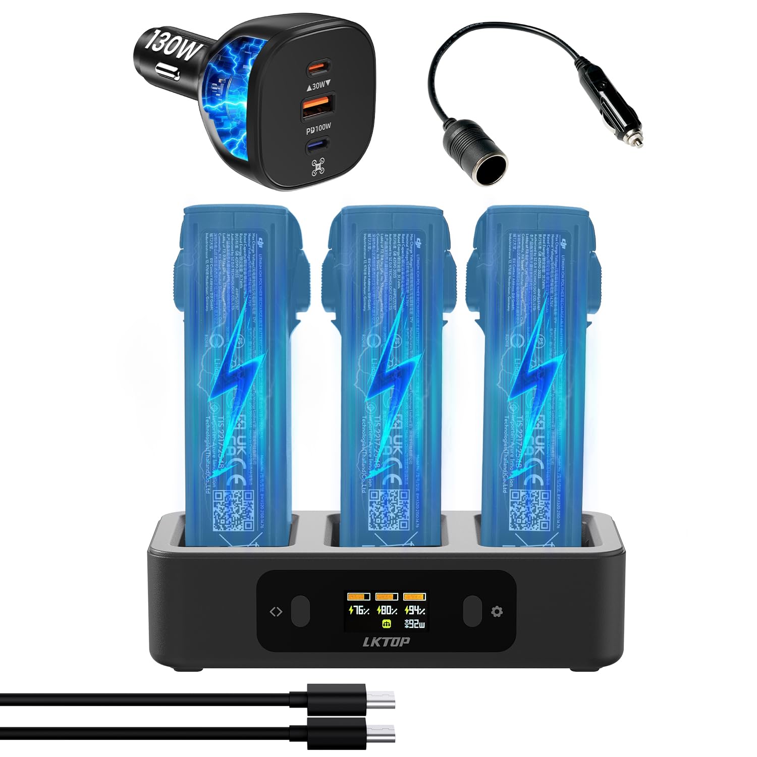 LKTOP 100W Avata 2 Akku Ladegerät Kit für DJI Avata 2 Drohnenzubehör, mit 130W Autoladegerät, 3 Port Schnellladegerät, LED Bildschirmanzeige (2X Schnell, paralleles Laden von 3 Akkus: 1 Std 10 Min)