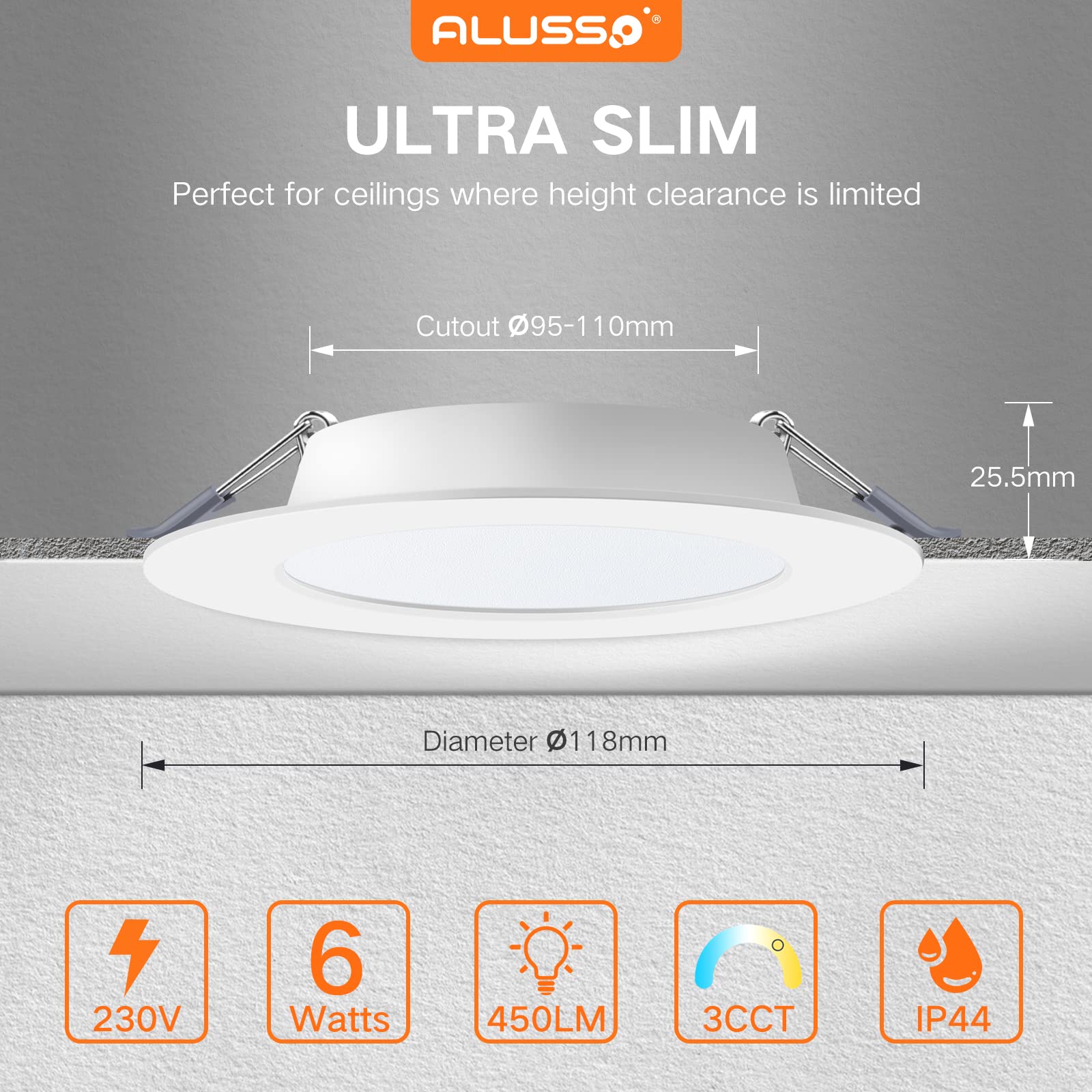 ALUSSO Spot LED Encastrable IP44 Extra Plat 25.5MM, 6W 450Lumen Dimmable 3000K 4000K 6500K Blanc, Découper 95-110MM, Pour Salle de Bain Cuisine Salon Couloir Lot de 6