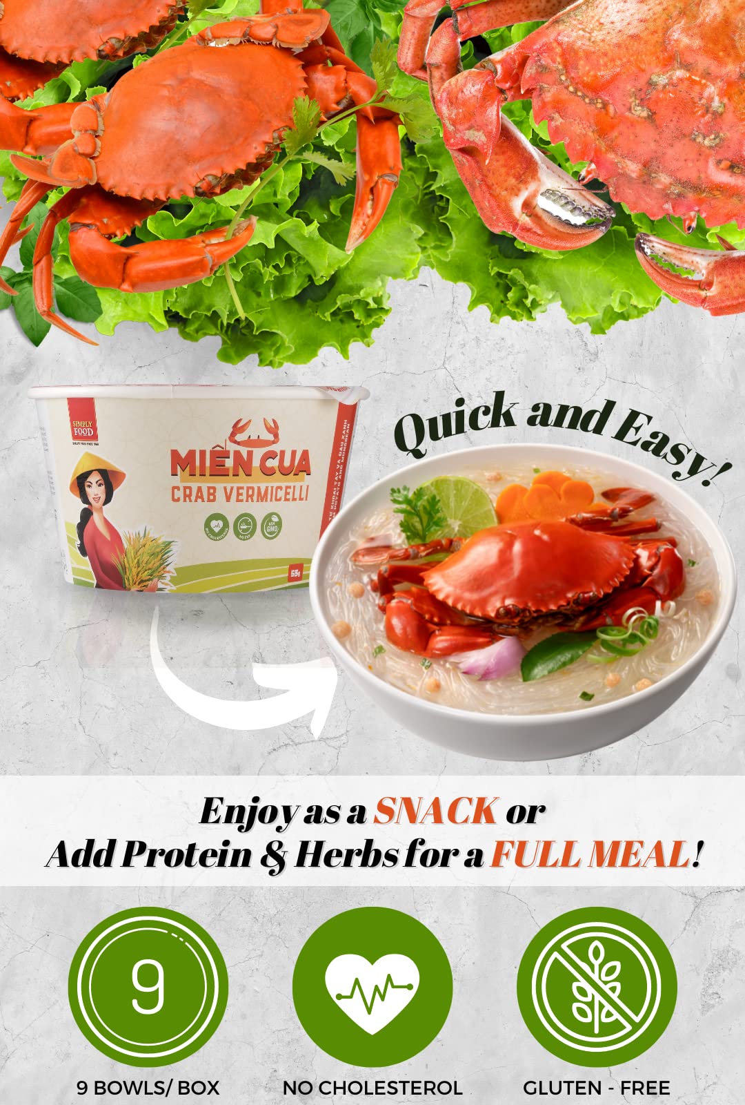 SIMPLY FOOD Instant Crab Glass Noodles (Miến Cua) - 9 BOWLS/ 55g each – Chewy, Clear Glass Vermicelli Noodles in a Seafood Crab Broth