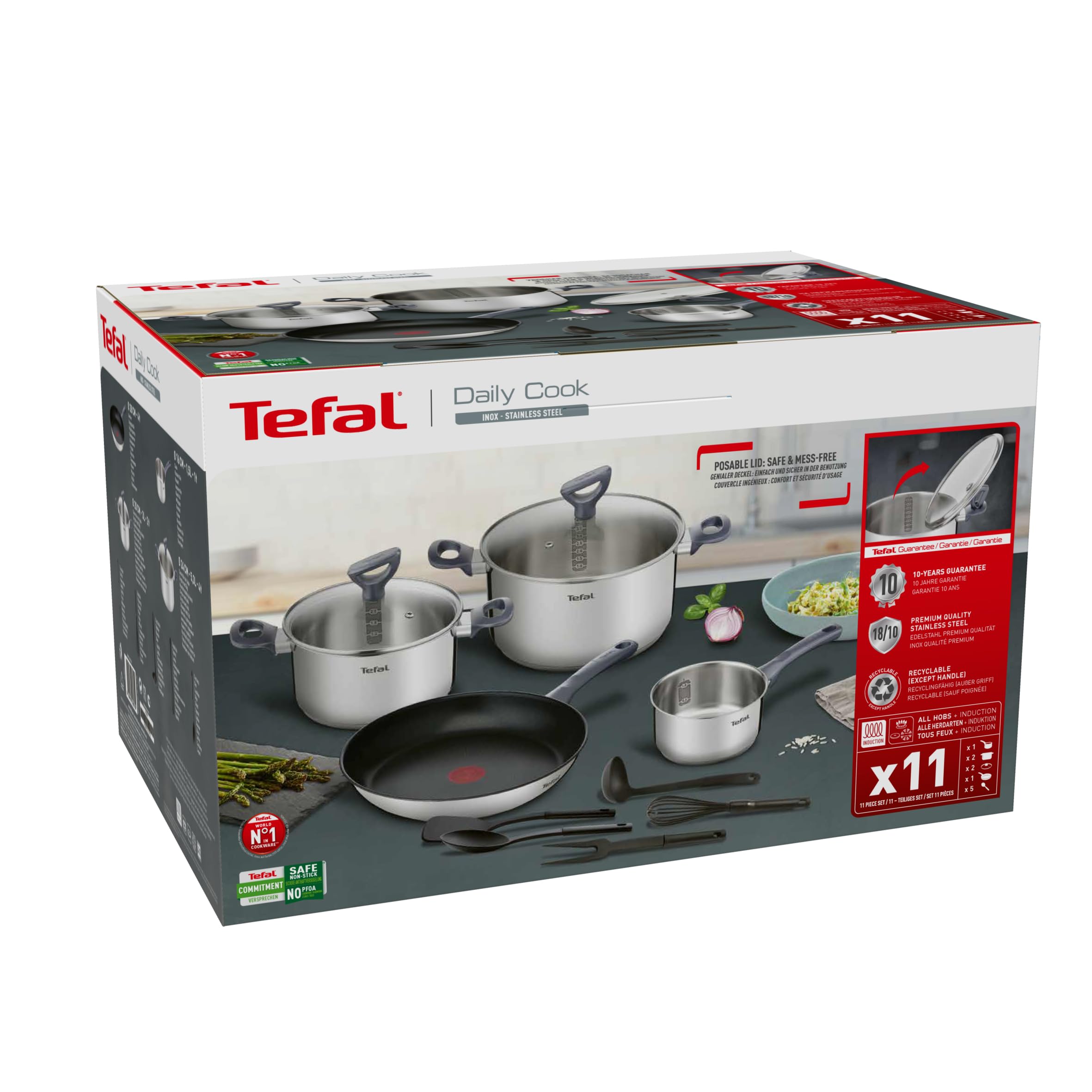 TEFAL Daily Cook G713SB45, 11-elementowy zestaw garnków + patelnia, stal nierdzewna