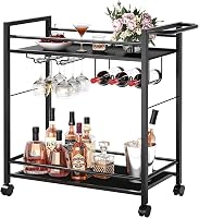 Joaxswe Modern Black Bar Cart: 2-Tier Rolling Wine Serving Cart with Glass Holders, Wine Rack & Storage Shelves for Kitchen, Living Room