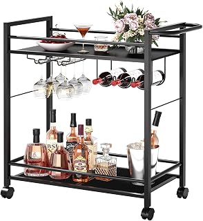 Joaxswe Modern Black Bar Cart: 2-Tier Rolling Wine Serving Cart with Glass Holders, Wine Rack & Storage Shelves for Kitchen, Living Room
