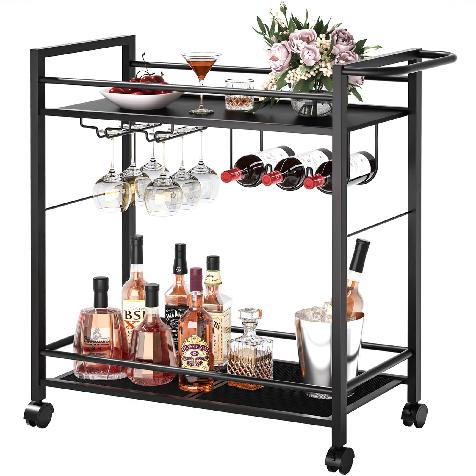 Bar Cart,Home Bar Serving Cart with Storage Shelves, 2 Tier Rolling Beverage Cart with Wheels, Modern Wine Cart with Wine Rack and Glass Holder for Kitchen, Living Room,Dinning Room,BlackThe Forest Stewardship Council
