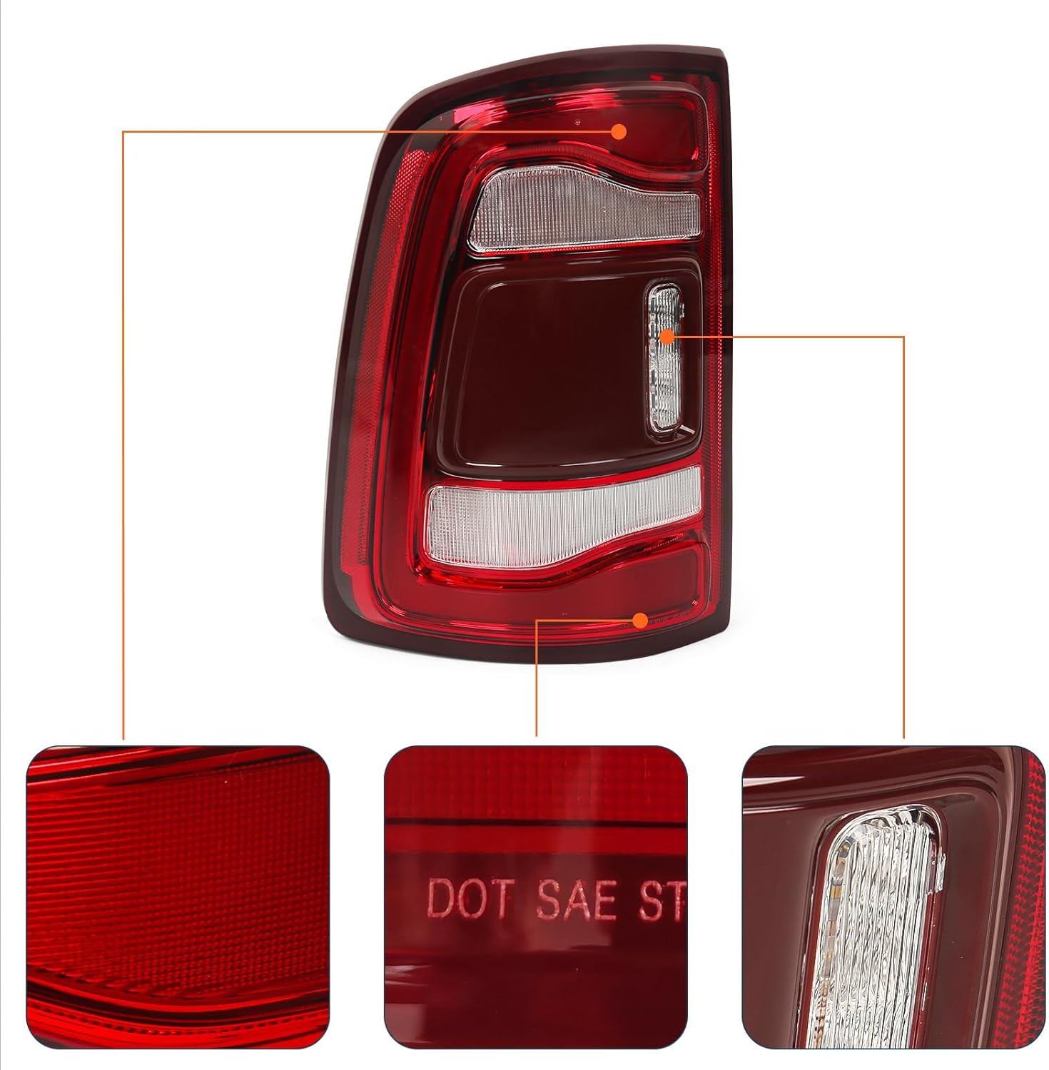 FIONE Tail Light Assembly Compatible with Dodge Ram 2500 3500 2019 2020 2021 2022 2023 Rear Light Without Blind Spot LED Type & Red Lens Chrome Left Driver Side 68361717AD