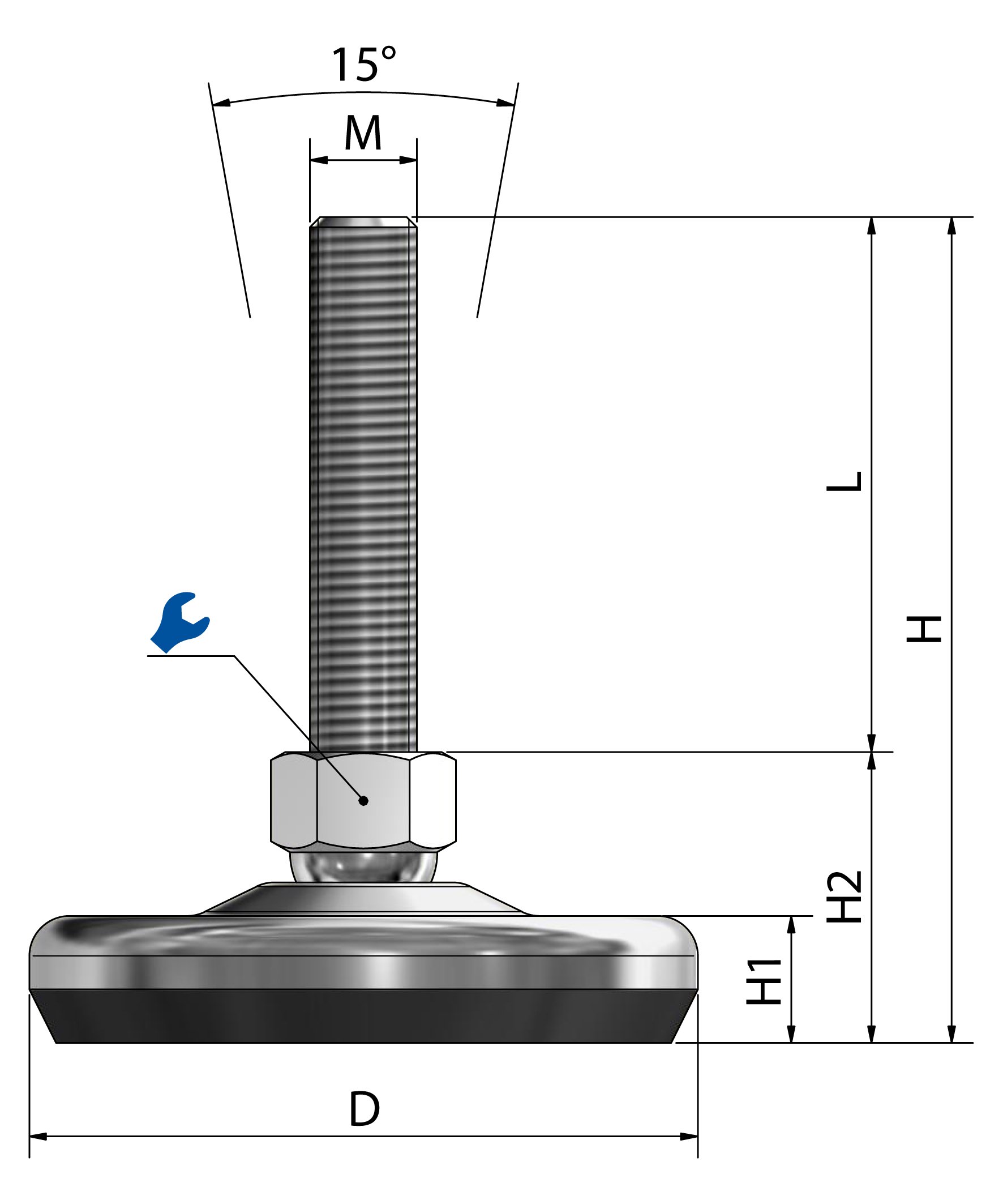 Schwaderer Maschinenfüße/Stellfüße/Nivelllierfüße/Gelenkfüße, höhenverstellbar SFE 100, Ø 100mm, 4er-Set, Edelstahl, Gewindegrößen M8-M30, (M16x120)