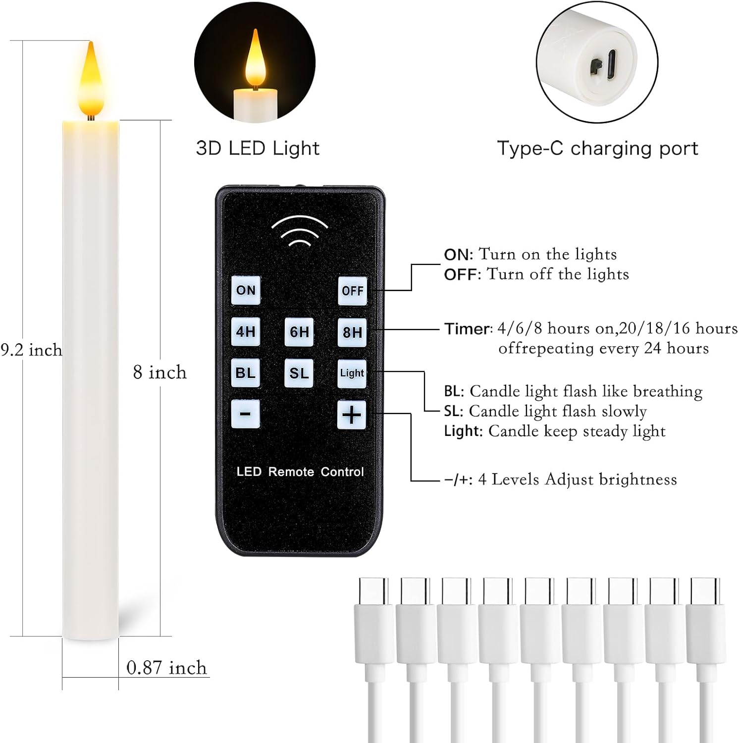 9Pcs Rechargeable Flameless Taper Candles with Remote and Timer,0.87" x9.2" LED Battery Operated Flickering Realistic Fake white Taper Candle Sticks for Home,Wedding,Halloween Christmas Decoration