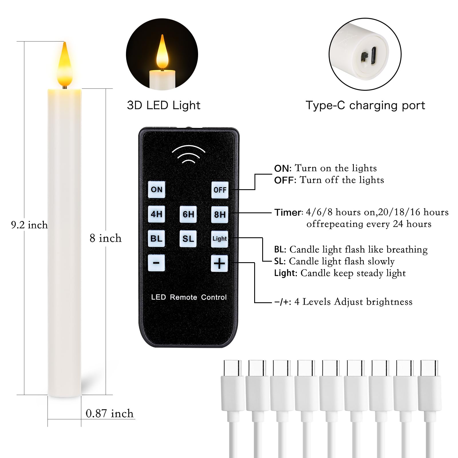 Lot de 9 bougies coniques rechargeables sans flamme avec télécommande et minuteur, 2,2 x 23,4 cm, LED à piles vacillantes réalistes pour la maison, mariage, Halloween, Noël
