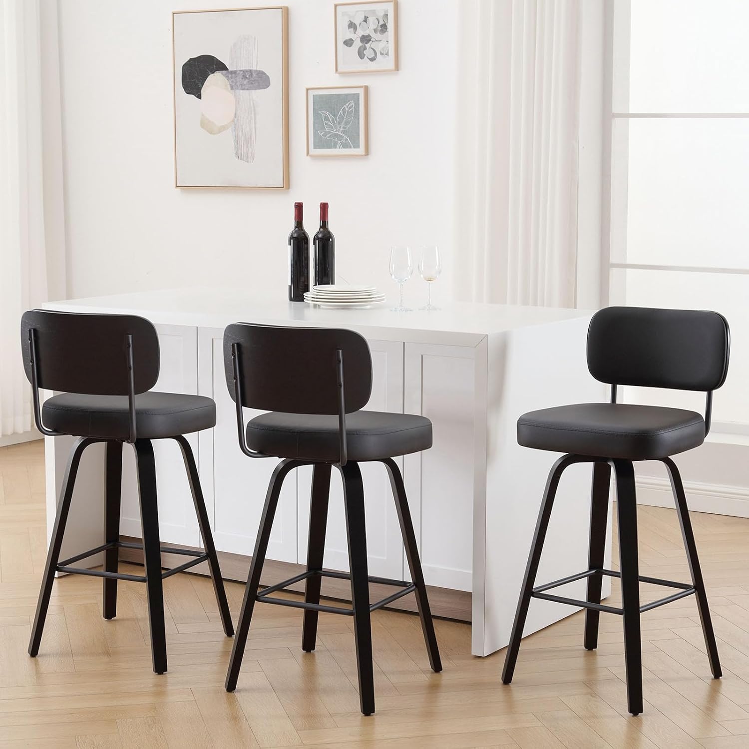 Swivel Counter Height Bar Stools Set of 3, Upholstered Faux Leather Barstools with Back, 26" Seat Height Bar Chairs Island Stools for Kitchen Counter, Black Wood Frame,Black