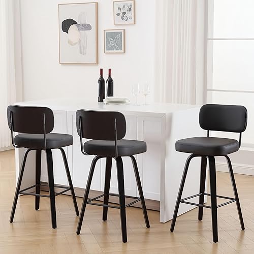 Bekrvio Swivel Counter Height Bar Stools Set of 3, Upholstered Faux Leather Barstools with Back, 26" Seat Height Bar Chairs Island Stools for Kitchen Counter, Black Wood Frame,Black