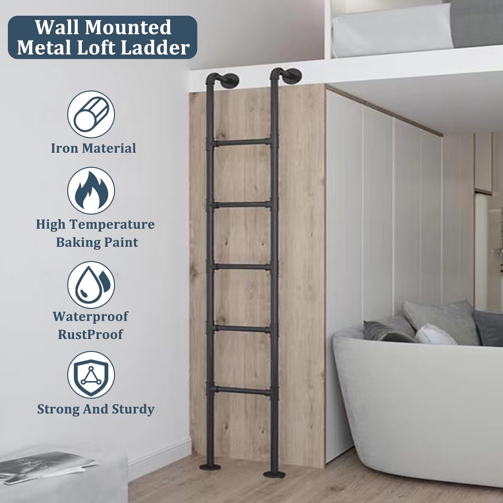 Escalera para litera de pie, 71"/75"/79''/83"/87"/91" Escalera de reemplazo de cama de metal Escalera de escalada universal Escaleras rectas tipo loft multiusos, tamaño personalizable(110cm/43in)