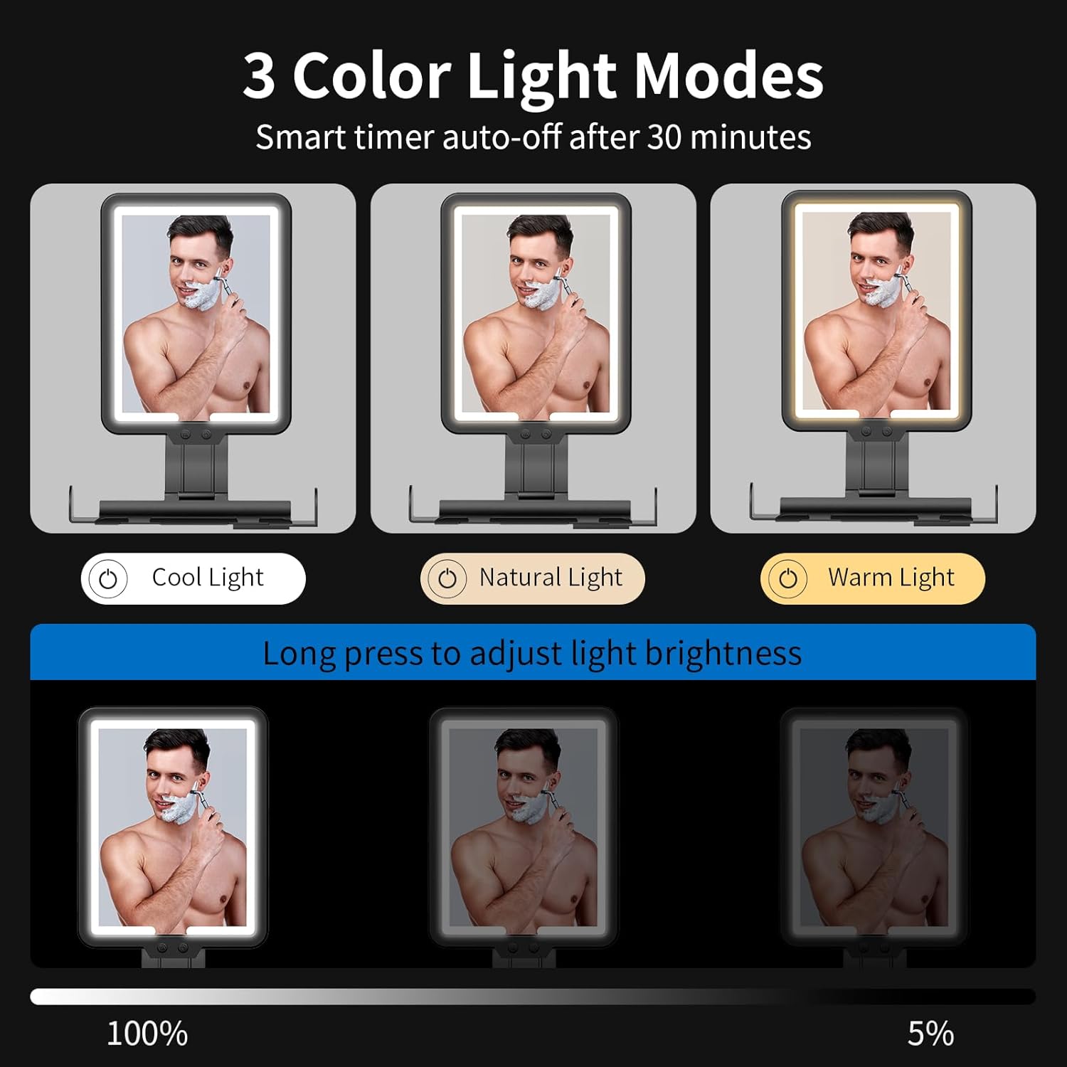 Lighted Shower Mirror Fogless for Shaving, Heated Fog Free Large 9.5*7inch 3 Color Modes Dimming Shower Shaving Mirror with Light, Rechargeable Anti-Fog Shower Mirror with Storage Tray & Razor Holders