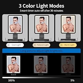 Lighted Shower Mirror Fogless for Shaving, Heated Fog Free Large 9.5*7inch 3 Color Modes Dimming Shower Shaving Mirror with Light, Rechargeable Anti-Fog Shower Mirror with Storage Tray & Razor Holders