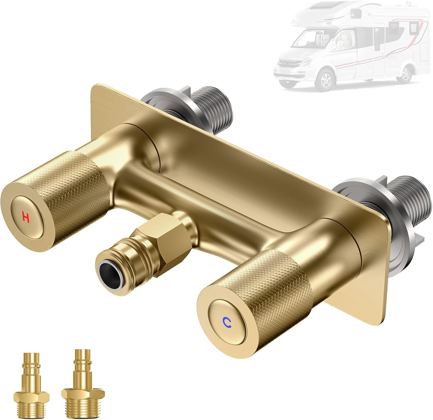 304 Stainless Steel 4" RV Outdoor Shower Valve Kit,Lead-Free Explosion-Proof Camper Shower Faucet,2-Way Quick Connect Diverter with Filter for Trailer Exterior,Brushed Gold,RVF01-BG