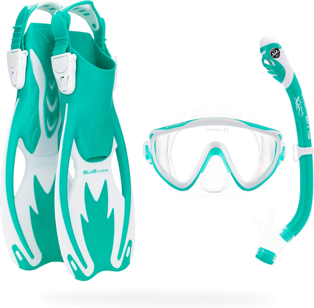 Juego de snorkel para niños: aletas cortas ajustables, máscara de silicona y snorkel seco - Juego seco Tinetto Rocks - Diseñado en Italia