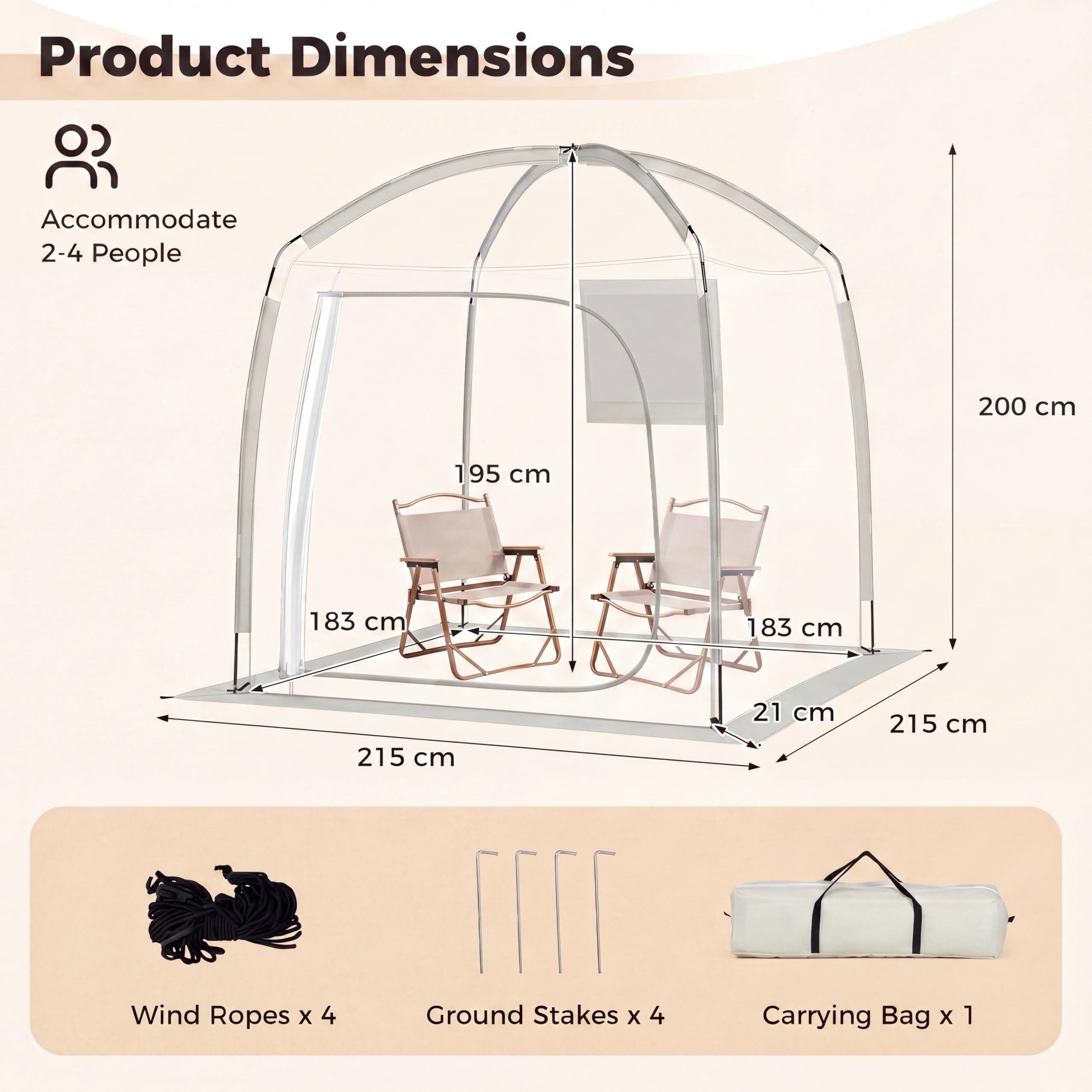 SOARS Tenda Sportiva a Bolla Pop-up 215 x 215 cm, Tenda Cupola Trasparente Resistente per Festival, Raduni all' Aperto, Eventi Sportivi, da Giardino, Terrazzo e Campeggio, 2-4 Persone