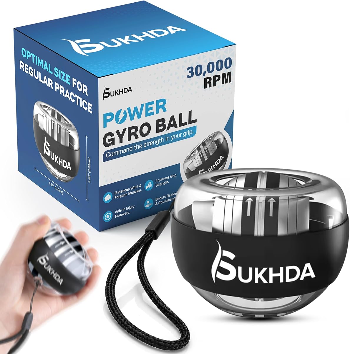 Power Gyro Ball, Gyro Exercise Ball Wrist Trainer, 20,000–30,000 RPM Hand Exerciser, Adjustable 15–77 lbs Torque Ball for Grip Strength, Wrist & Forearm Training with Strap