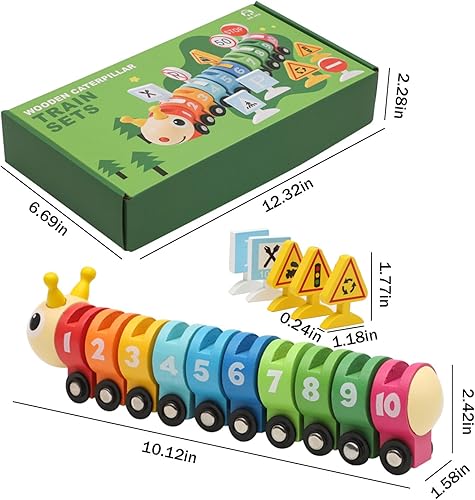 Miniatura 3 de Montessori Juguetes para niños de 1, 2, 3 años, juego de tren de números de oruga de madera, juguetes con letreros de calle, juguetes para niños de
