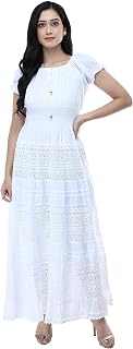Half Sleeves Cotton A-Line White Maxi Dress for Women