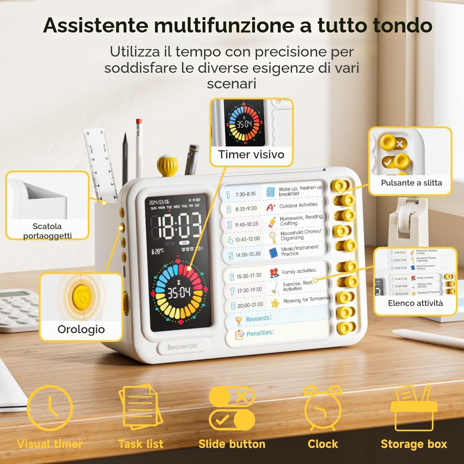BEAVERLAB - Agenda settimanale per bambini, con timer visivo, routine per bambini, con sveglia, lista di controllo ADHD per attività e cucina