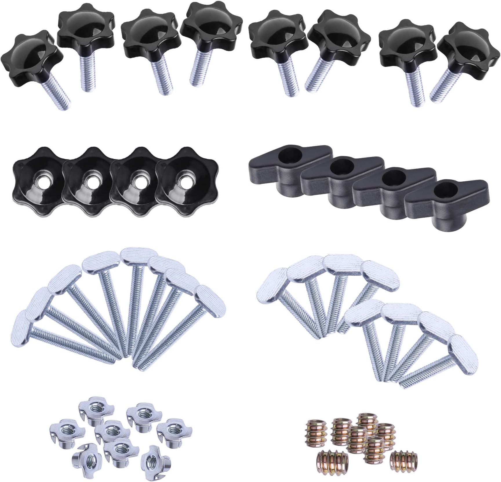 Wulankd 48 Piece T Track Bolts and Knobs Kit, 1/4" x20 T Knob Bolts Kit, Star Knob Kit, T Track Accessories for Woodworking Jigs and Fixtures
