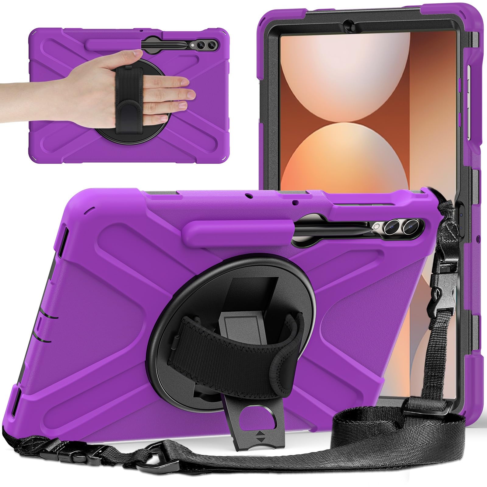 Kompatybilny z etui Samsung Galaxy Tab S9 FE Plus SM-X610/SM-X616 12,4 cala, wytrzymałe, odporne na wstrząsy uchwytem długopis, paskiem ramię, ochronne(Mor)