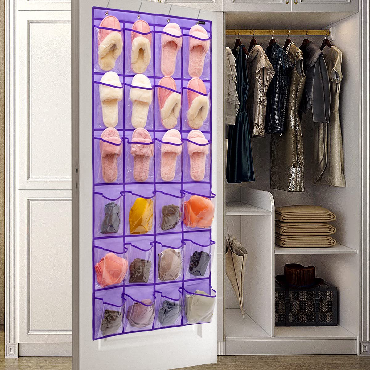 Organizador de zapatero sobre la puerta con 24 bolsillos transparentes de PVC para colgar en el dormitorio, el baño, la cocina Stroage (24 bolsillos)