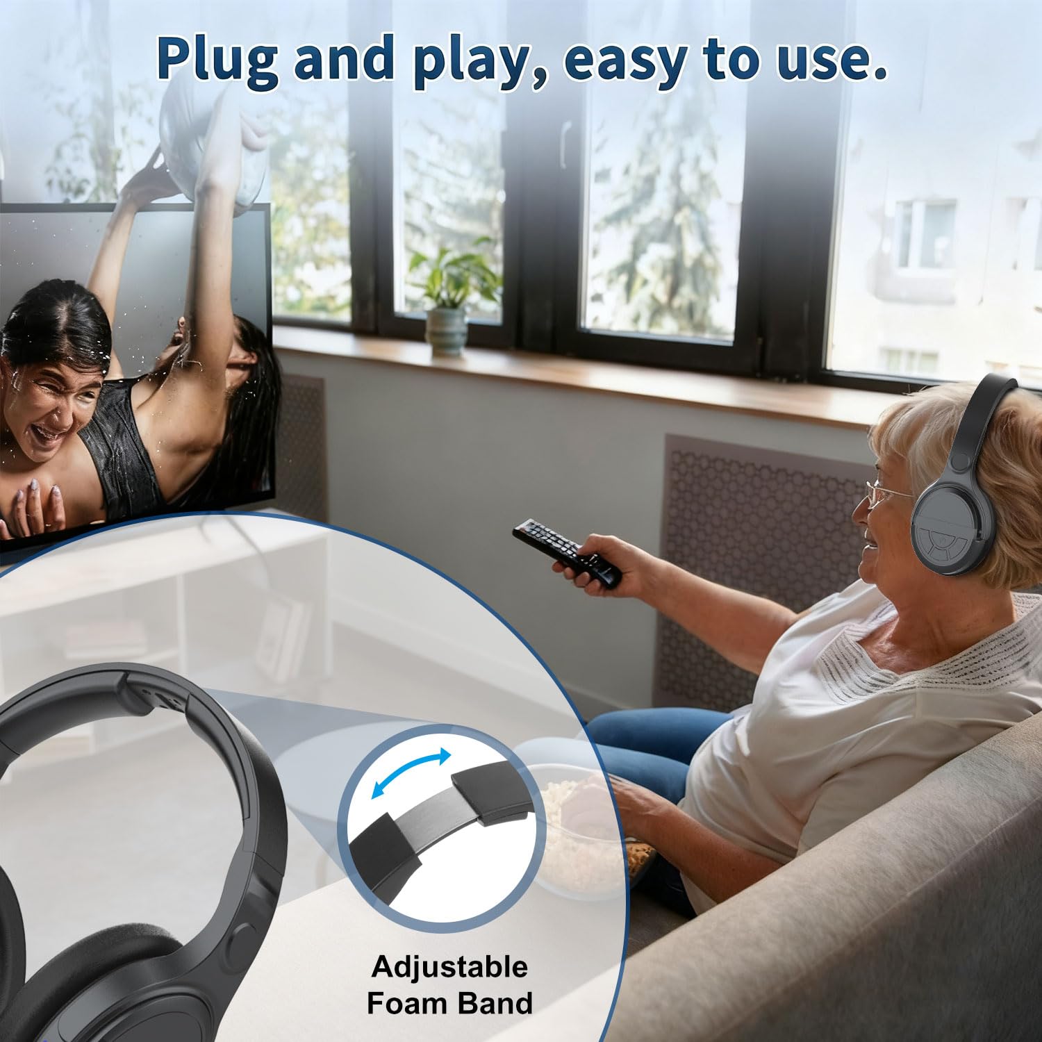 NEU 2025 TV Kopfhörer Kabellos Senioren, Plug and Play, Keine Audioverzögerung, Funkkopfhörer Kabellos für TV, 28 Stunden Audio Spielzeit, Kabellose Kopfhörer für fernseher mit mit Ladestation