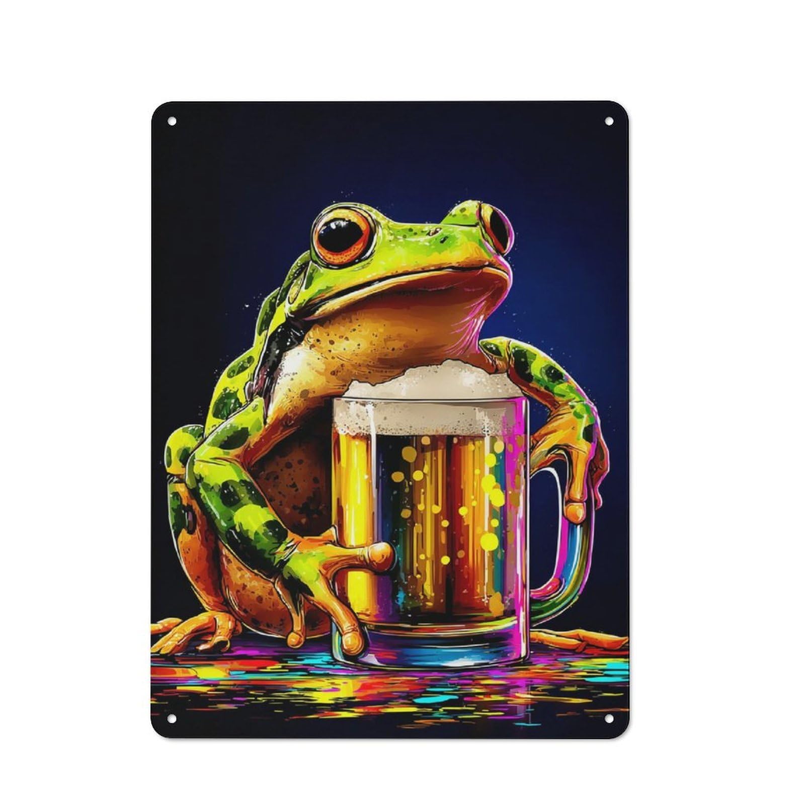 Frog with Beer Mug Classic Metal Wall Decor 40x30cm, Decorative Tin Plaque for Cafe, Pub, Workshop Or Home Bar