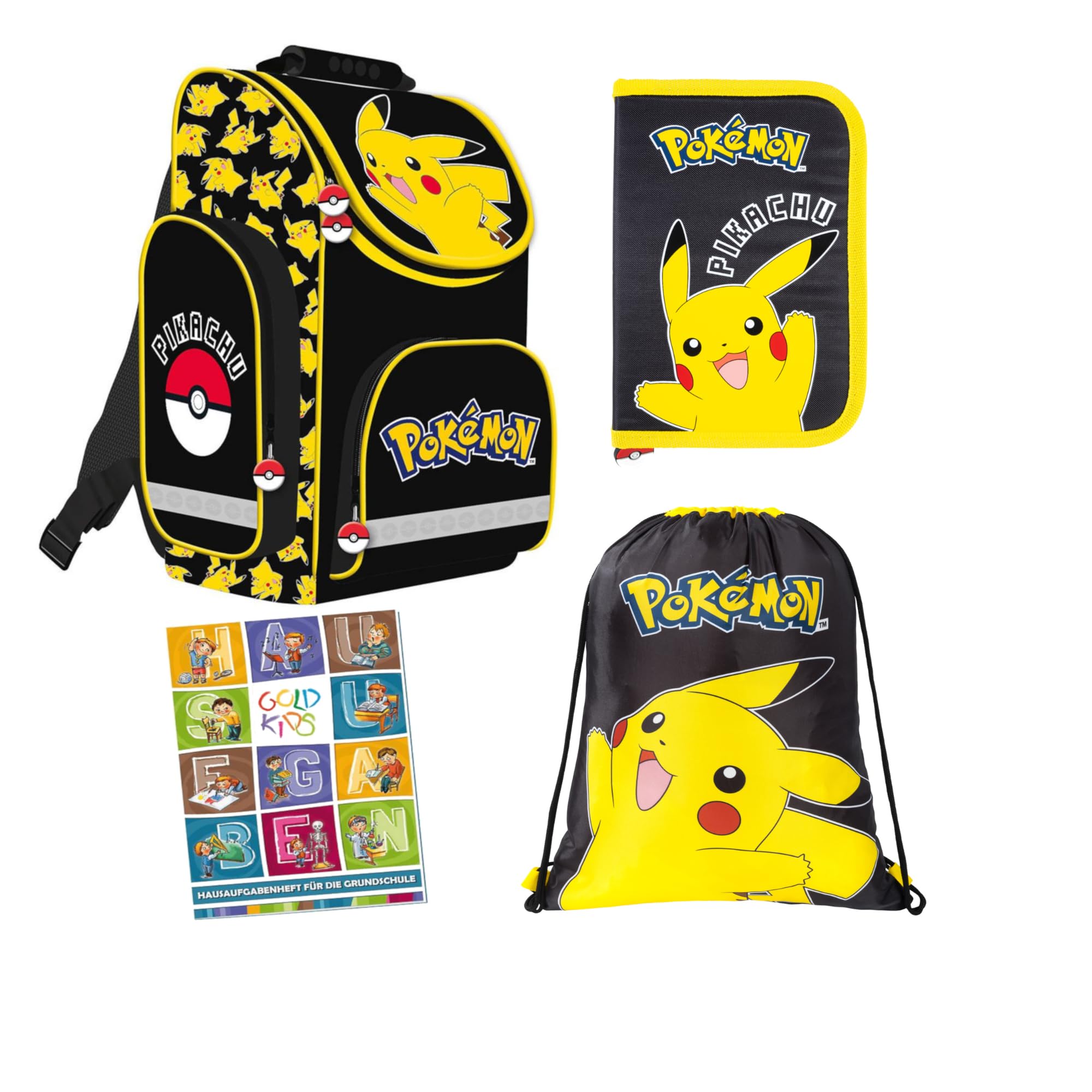 St. Majewski - Schulranzen für Jungen und Mädchen, 4er-Set - Schul-Rucksack für Kinder mit Federmäppchen - Schuhbeutel und Hausaufgabenheft- Pokemon Motiv