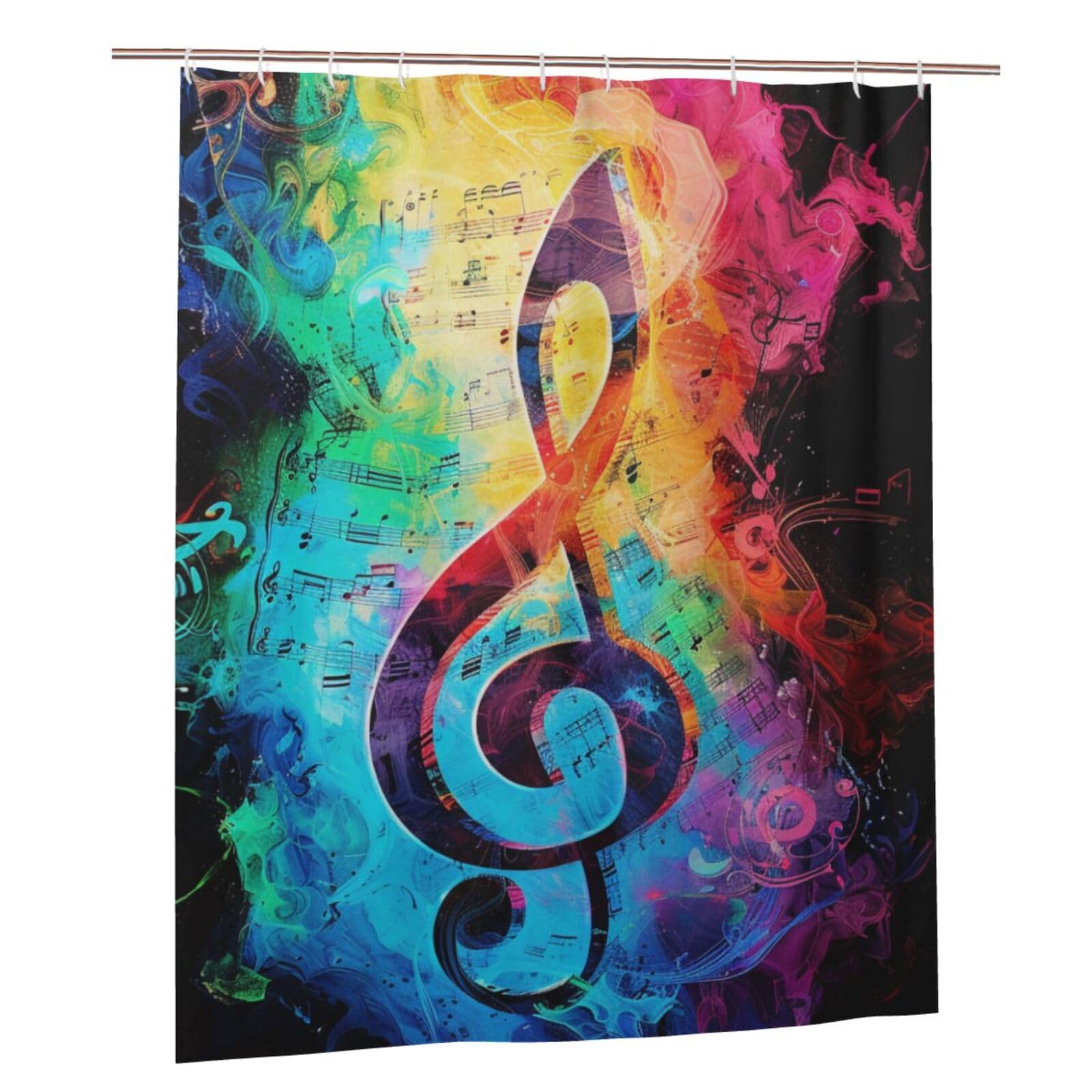 BWWHCCTI Colorful Music Notes Printed Shower Curtain With 12 Plastic Hooks Opaque Quick Drying Waterproof Shower Curtains Sets For Bathroom 152x183 Cm