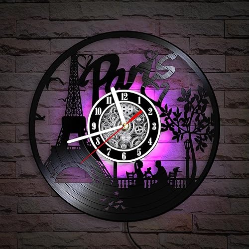 Miniatura 4 de The Geeky Days París Torre Eiffel LED Silencioso Disco de Vinilo Reloj de Pared 7 Color Luz 12 pulgadas Horizonte Francés París Multi Color Luminoso