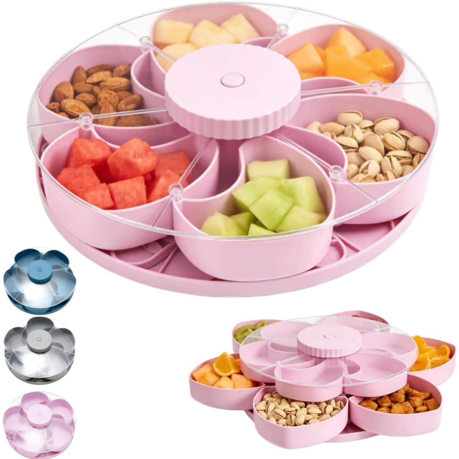 Rotating Divided Snack Tray with Lid 6 Compartment Serving Platter for Nuts Fruit Candy and Dried Snacks for Home Party Picnic Table (Pink,24.7 * 8.9cm)