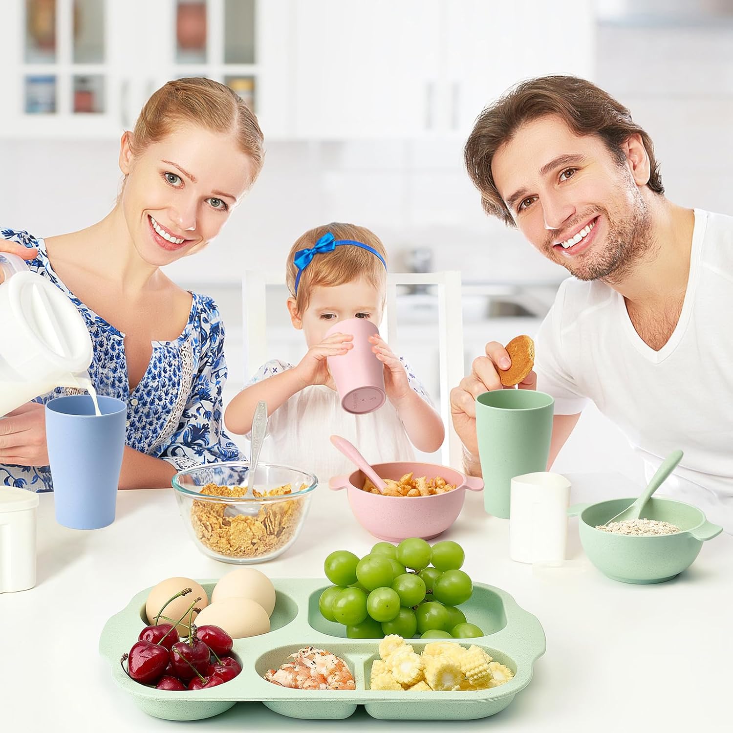 24 Pcs Wheat Straw Dinnerware Cutlery Set, Unbreakable Tableware Set, Including Kids Toddlers Divided Plates, Bowls, Cup, Cutlery Spoons Knifes Forks, BPA Free, Microwave Dishwasher Safe image 2 of 7 B0CZSDS344