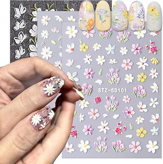 3pcs Flower Nail Art Stickers 5D Embossed Nail Decals Spring Daisy Flowers Nail Design Sticker Self Adhesive Nail Art Supplies Colorful Floral Nail Decal for Women Manicure Accessories Decoration