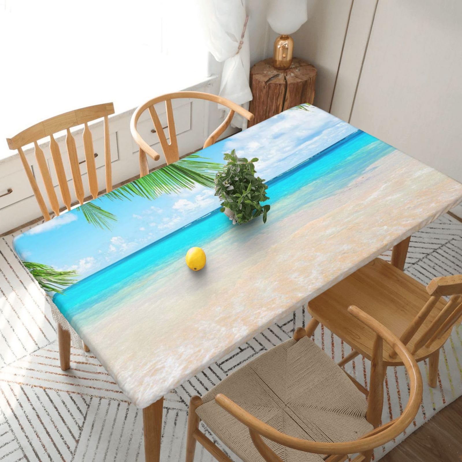 DCEHGEW Elastic Fitted Rectangle Tablecloth for 5ft Tables, Tropical beach plant theme Printed Oilproof & Washable Fabric Picnic Table Cloth Table Covers