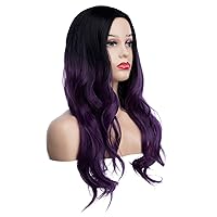 Vista 3 de Baruisi Peluca larga ondulada de color negro y morado, peluca sintética natural con raya en medio para cosplay, pelucas de pelo para mujeres
