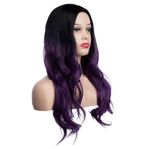 Miniatura 3 de Baruisi Peluca larga ondulada de color negro y morado, peluca sintética natural con raya en medio para cosplay, pelucas de pelo para mujeres