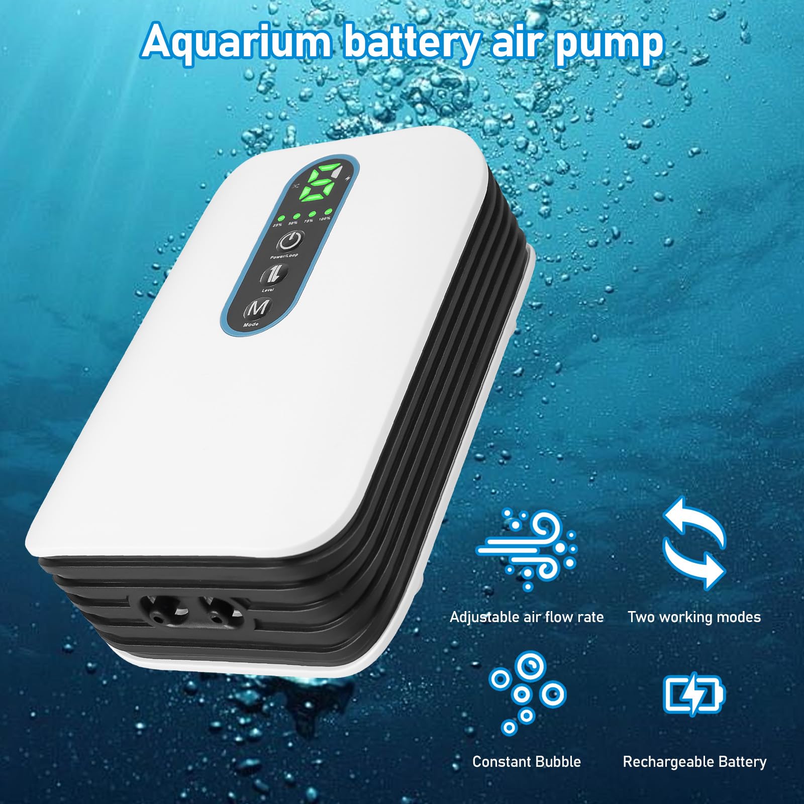 Pompe à air d'aquarium rechargeable 2600 mAh avec double sortie, 2 modes et débit 3 l/min, ultra silencieuse, pour la pêche, les pannes de courant, fonctionnement USB et batterie