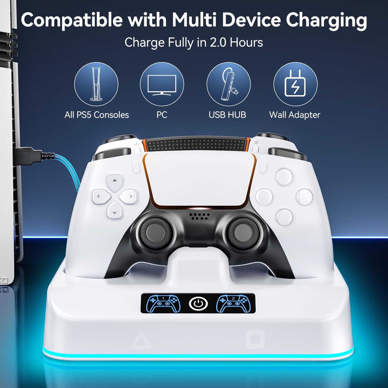 Supporto di Ricarica per PS5 Compatibile con P5 DualSense & Edge, Caricatore Joystick PS5 con 9 Luci RGB, Base di Ricarica per Dual Controller PS5, Accessorio PS5 Supporto con Cavo di Ricarica