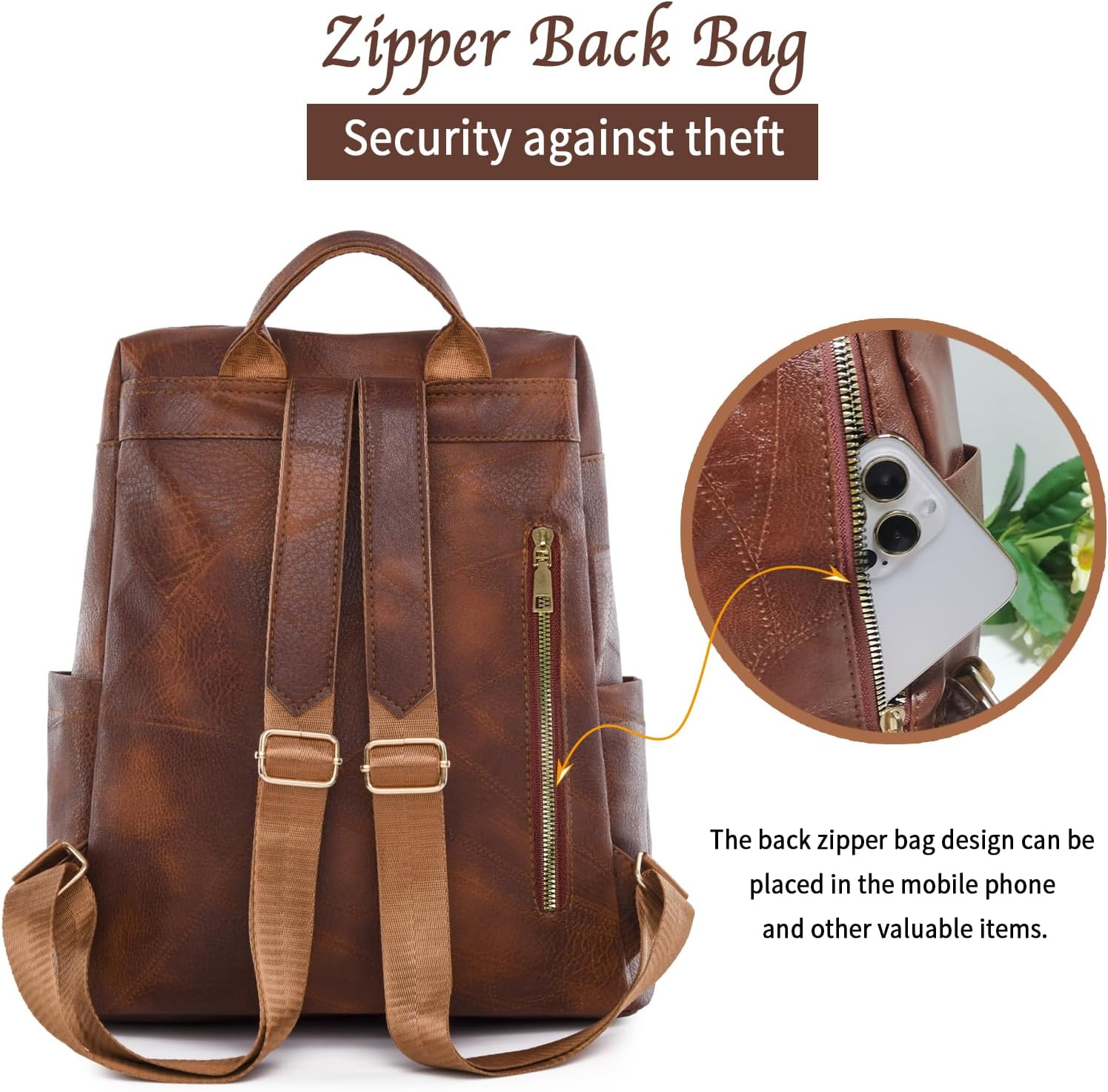 PU Leather Backpack Purse for Women Fashion Multipurpose Design Handbag Ladies Shoulder Bags Travel Backpack (Brown) - Image 4