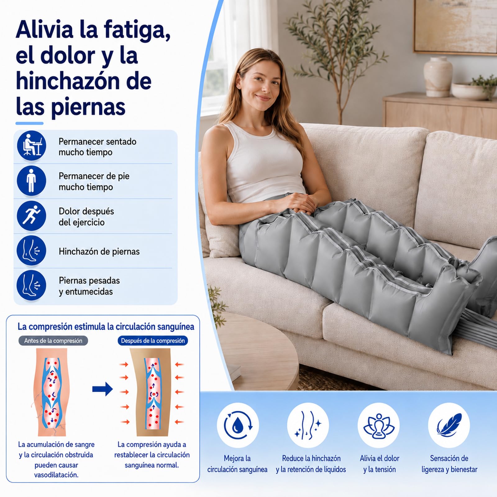 Presoterapia para Casa Masajeador de piernas 6 Cavidades |Masajeador de Piernas Doble Compresión de Aire| Masajeador de Pies y Piernas (Gris, Piernas L)