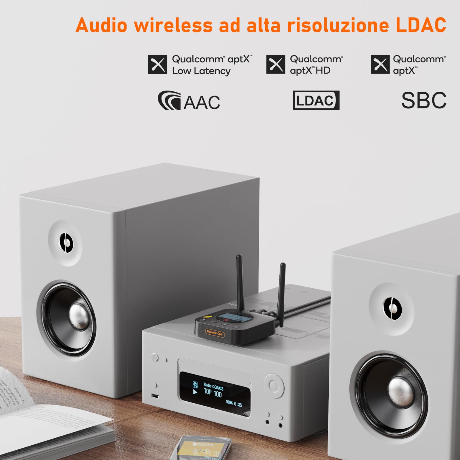 1Mii B06Pro+ Ricevitore Bluetooth HiFi, Adattatore Audio Wireless Bluetooth 5.3 Hi-Res LDAC per Stereo, aptX HD/Bassa Latenza, con Uscita Ottica/AUX, Controllo del Volume, Display LCD, Lungo Raggio