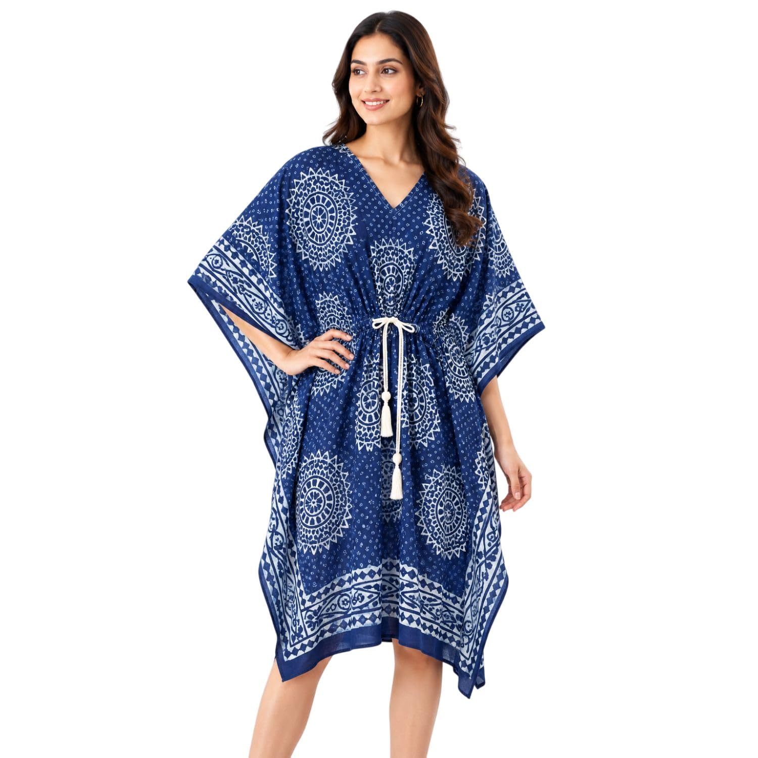 momisy Women's Cotton Handicraft Artisan Hand Block Printed Natural Colour Maxi Kaftan Dress Top Indigo-picture-25