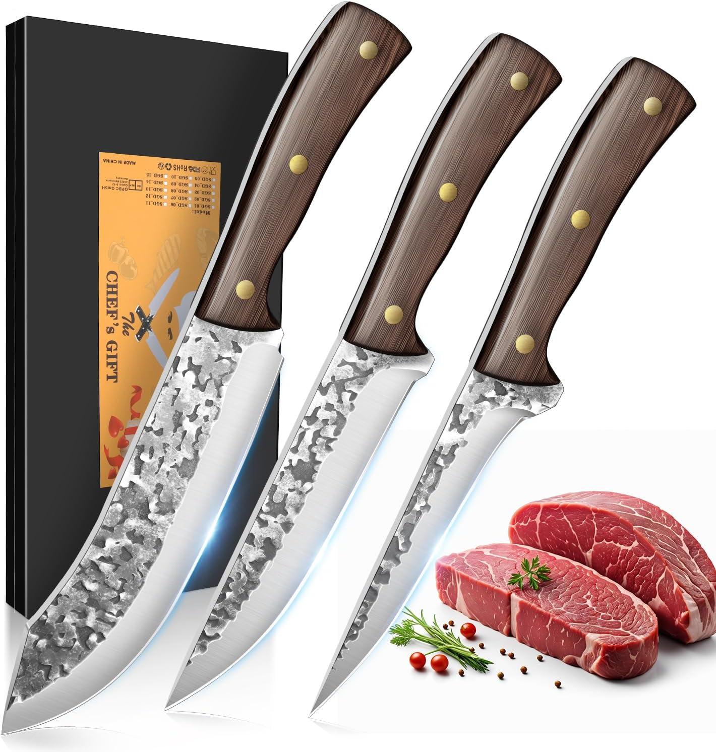 UniqueFire Chef Knife set 3Pcs, Professional Kitchen Knives, Sharp Butcher knife sets, Hand-forged High Carbon Steel Fillet Knife Meat Cleaver Viking Boning knife for Cooking, Gift Box