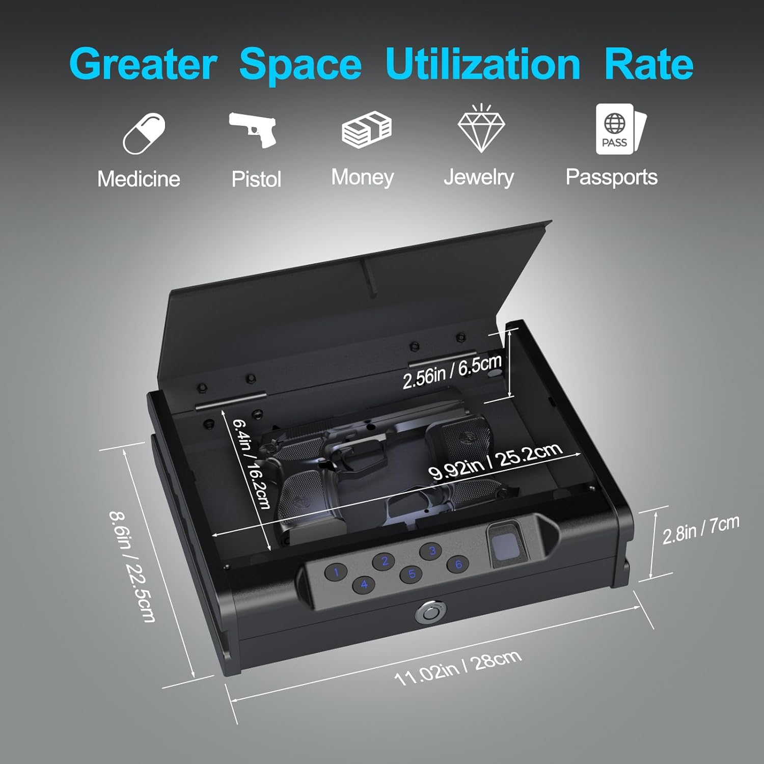 Biometric Handgun Safe with Fingerprint, Digital PIN and Key Access, 2 Gun Capacity,Hand Gun lock box for Car Cloakroom living room Bedroom and Nightstand,USB Power Backup.