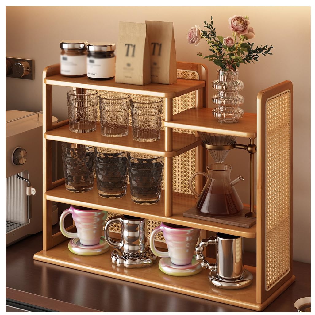 QDZC 4-Tier Wood Coffee Mug Display Rack, Plastic Rattan Wooden Countertop Spice Jar Organizer Small Cup Holder Kitchen Storage Shelf for Office Home Furnishing 50cm