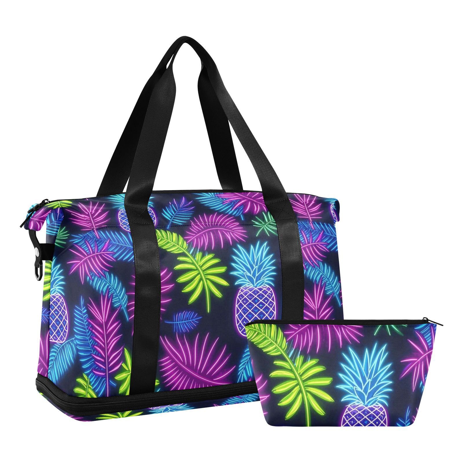 Bolsa de transporte grande de hoja de piña de neón con bolsillo húmedo con correa ajustable, bolsas de lona para viajes, plegable para hombres y mujeres